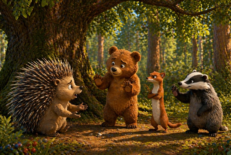 Animated forest animals including a hedgehog, bear, weasel, and badger talking under a large tree.
