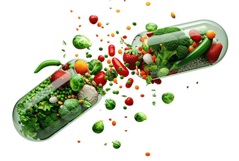 Open capsule filled with colorful fruits and vegetables bursting out, symbolizing natural nutrition