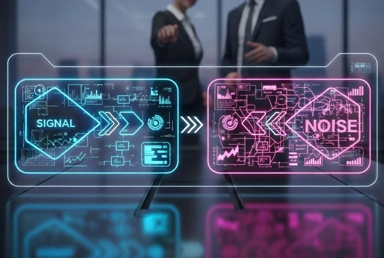 Two business professionals in an office setting view a futuristic digital display comparing "Signal"