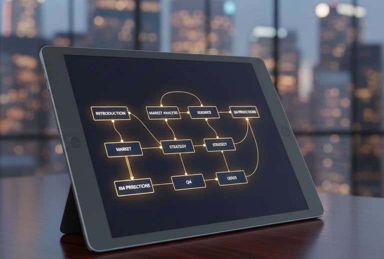 A professional digital display showing a structured sequence of pitch deck slides, symbolizing a ven
