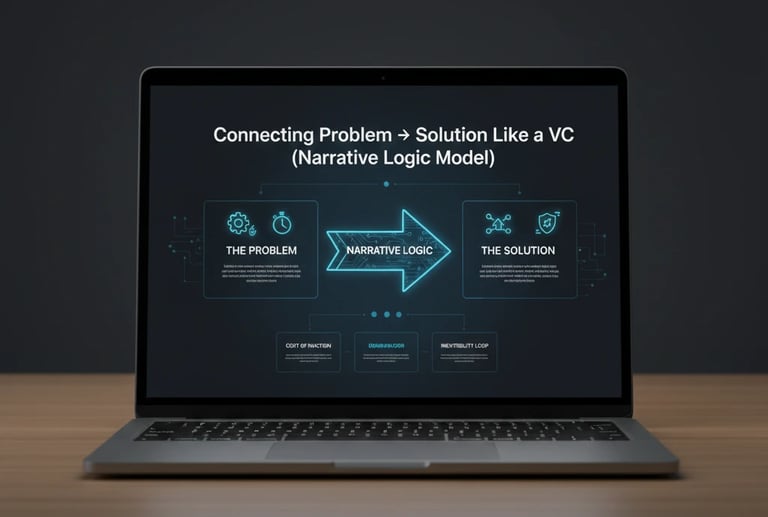 A laptop screen displaying a business infographic titled "Connecting Problem → Solution Like a VC" u