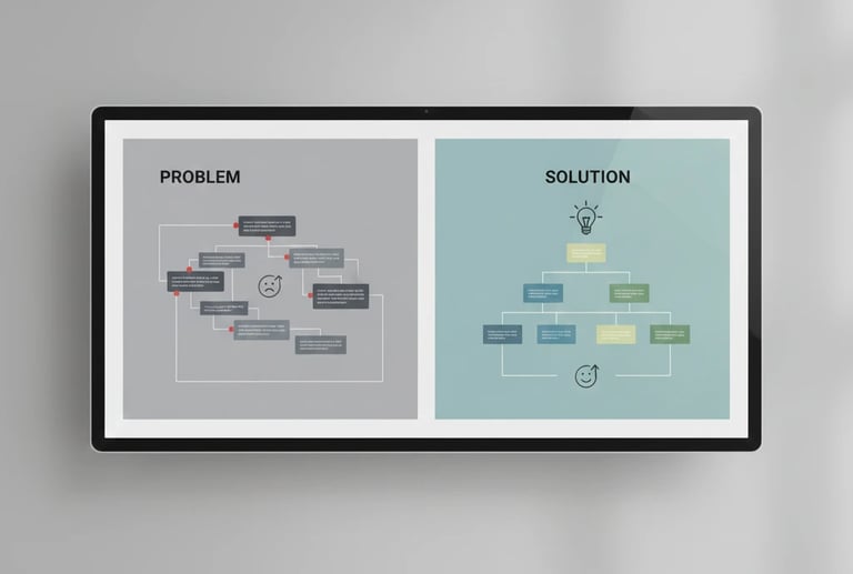 Tactical design layout of problem and solution slides in a VC pitch deck, showing how investors expe