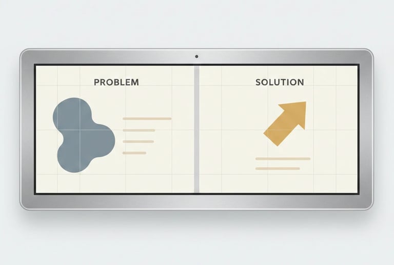 Tactical design layout of problem and solution slides in a VC pitch deck, showing clear hierarchy, s