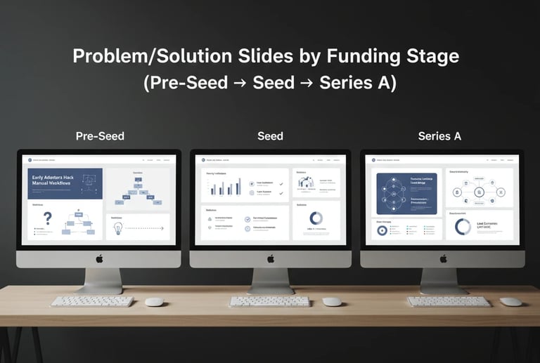 A comparison of startup pitch deck problem-solution slides across Pre-Seed, Seed, and Series A fundi