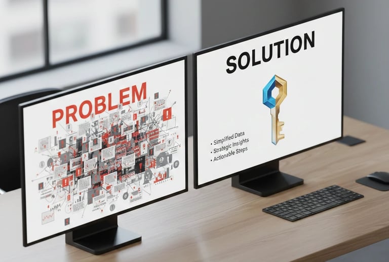 A split-screen comparison of common pitch deck mistakes; the left side shows a cluttered, text-heavy