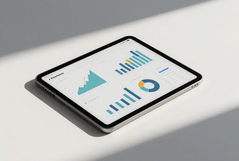 Minimalist workspace with a tablet showing polished analytics charts, clean shadows, elegant stationery, editorial feel.