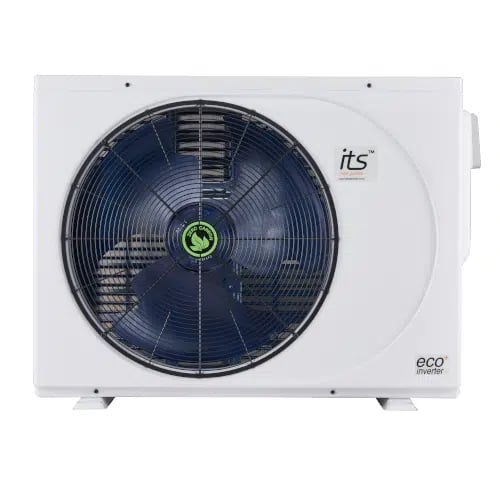 White ITS Eco Inverter heat pump outdoor unit featuring an energy-efficient fan system.