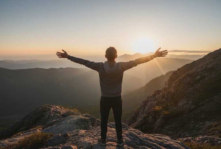 A person standing on a mountain peak with arms outstretched, overlooking a valley at sunrise.