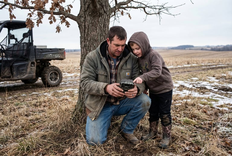 A father and son checking a trail camera under a tree on a farm near an off-road vehicle.