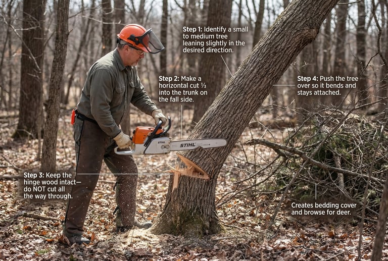 A man using a Stihl chainsaw for hinge cutting trees to create deer bedding habitat in a forest.