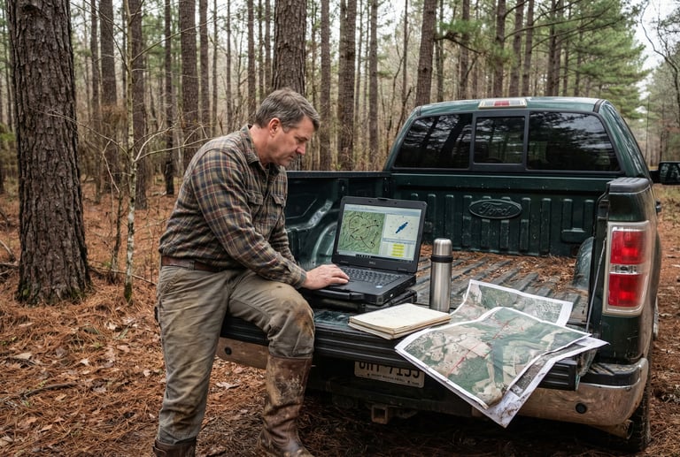 A deer hutner uses a rugged laptop and topographic maps on a truck tailgate in a pine forest.