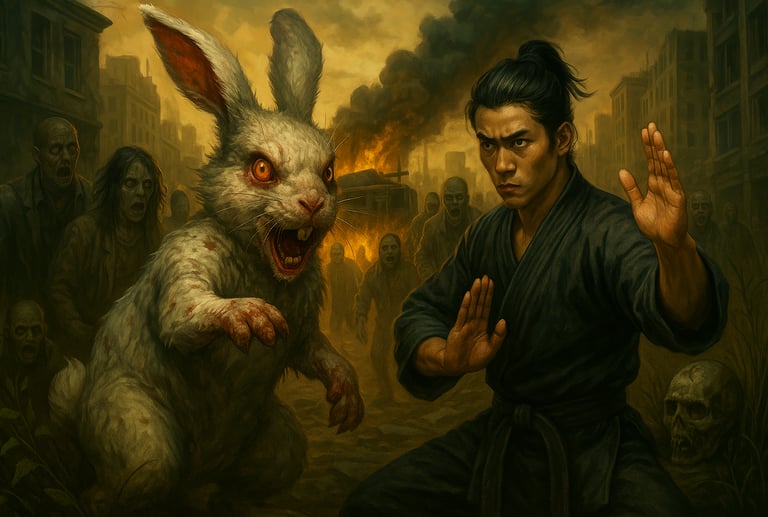 Weekly zombie news image featuring zombie rabbit and martial arts fighter