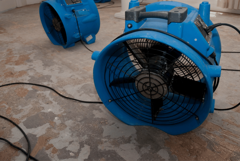 alt="Blue industrial fans and air movers used to dry water-damaged home flooring"