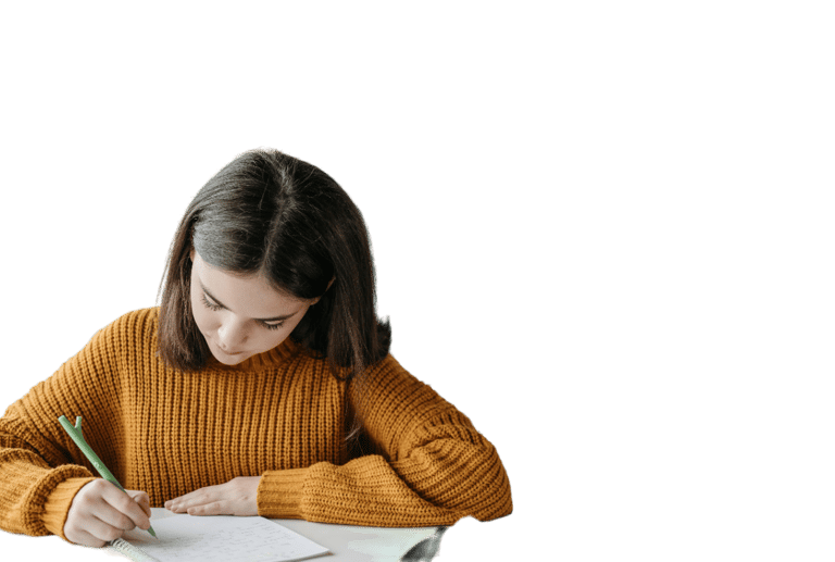 a woman in a yellow sweater is writing