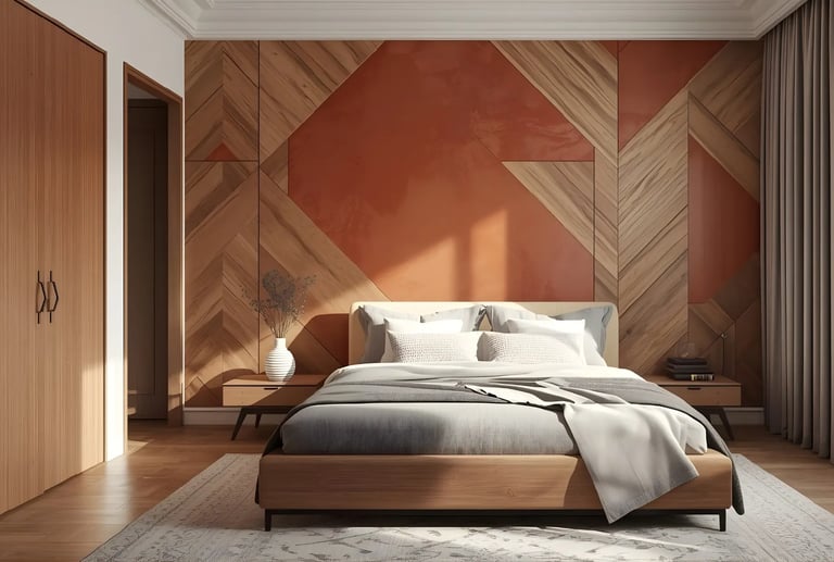 Bedroom wall colour combination blending terracotta shades with wooden textures