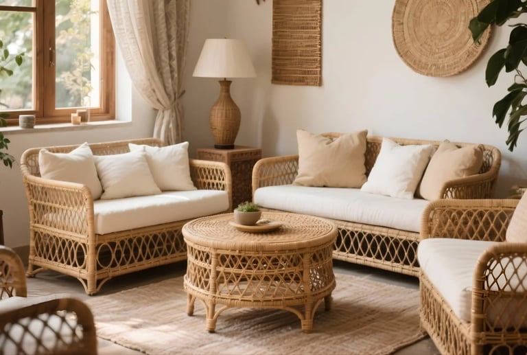 A modern Indian living room with rattan furniture.