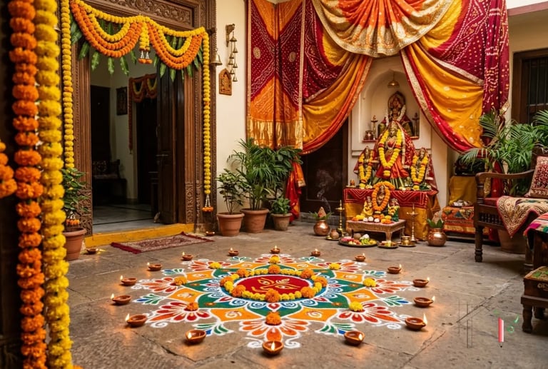 Traditional Diwali home decoration featuring a colorful flower rangoli, oil diyas, and orange marigold garlands.