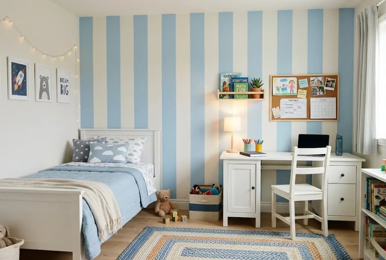 Modern kids bedroom featuring blue striped wallpaper, a white wooden bed, and a functional study desk.