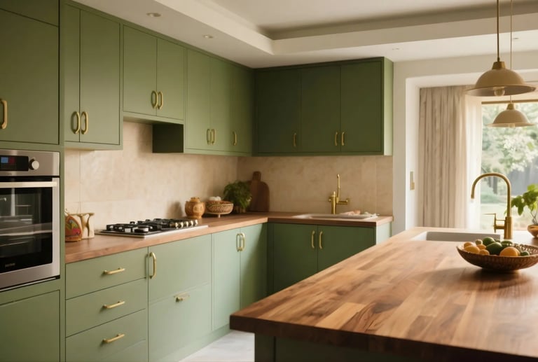 Soft sage & cream kitchen with oak shelves and a calm vibe.