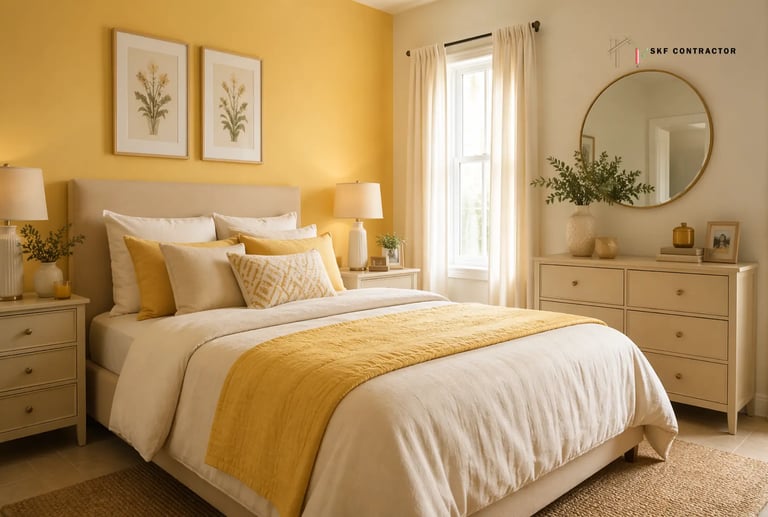 Modern bedroom interior with yellow accent wall, beige bedding, and white dresser under a round gold mirror.