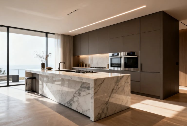 Modern luxury kitchen featuring a marble waterfall island and sleek brown minimalist cabinetry.