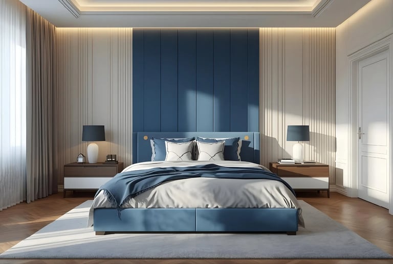 Blue highlights on the headboard and bedding create a serene, stylish haven.