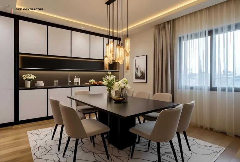 Modern dining room featuring a black table, beige chairs, and elegant pendant lighting.