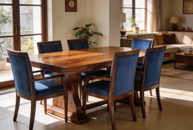 A sheesham dining table with blue cushioned seating