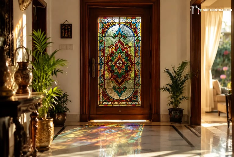 Elegant wooden entryway door featuring a colorful stained glass floral design with sunlight reflections.