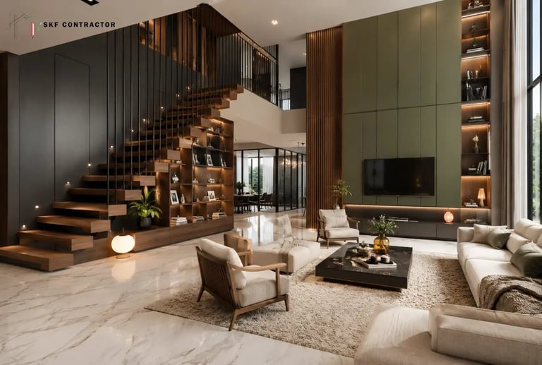 Modern luxury living room featuring a floating wooden staircase, green accent wall, and marble flooring.