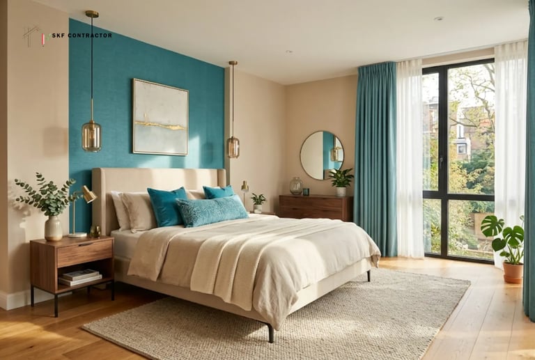 Modern bedroom interior featuring a teal accent wall, king-size bed, and elegant gold pendant lighting.