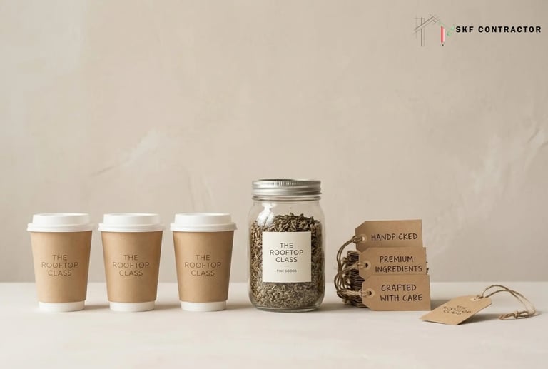 Eco-friendly branded paper coffee cups, a glass tea jar, and craft paper product tags on a neutral background.