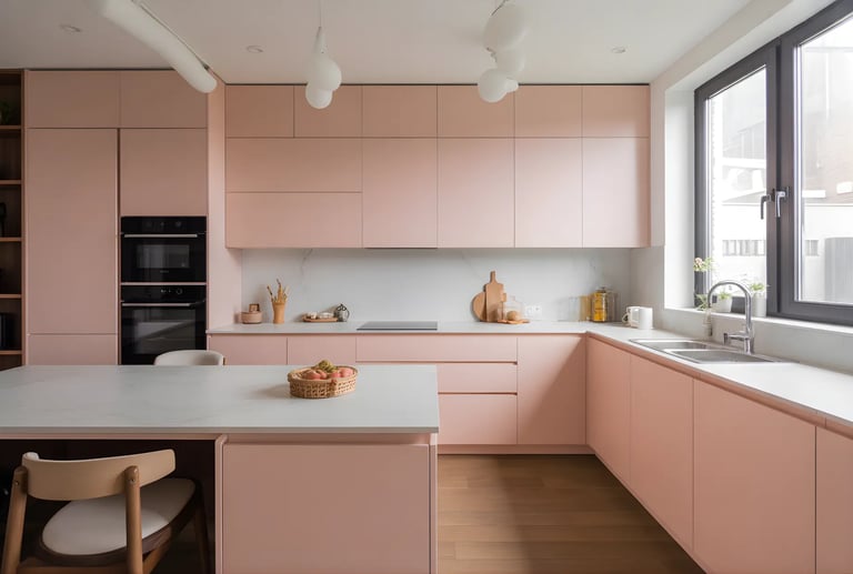 Avoid dark shades of pink by embracing a soft baby pink shade instead in kitchen