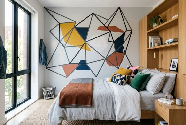 Modern bedroom featuring a geometric wall mural, wooden headboard with shelving, and colorful throw pillows.