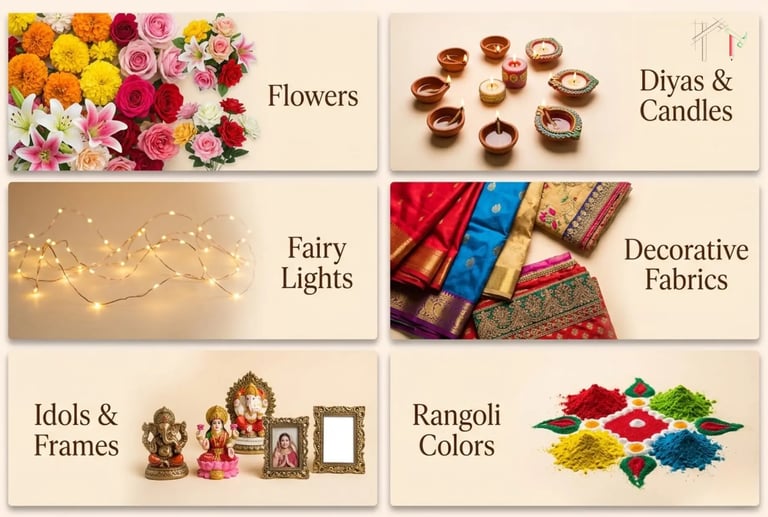 Navratri decoration items featuring flowers, diyas, fairy lights, fabrics, and Rangoli colors.