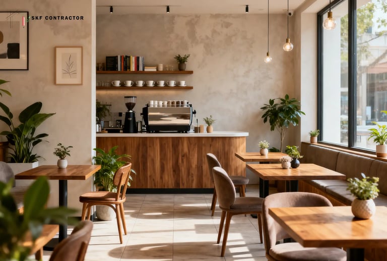 Modern minimalist cafe interior with wooden tables, espresso machine, and green indoor plants in natural light.