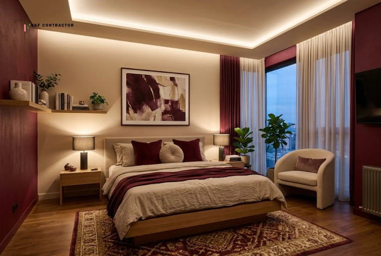 Modern luxury bedroom interior featuring warm cove lighting, burgundy accents, and elegant wood furniture.