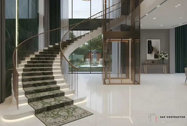 Luxury home interior featuring a modern marble spiral staircase and a glass elevator in a grand foyer.