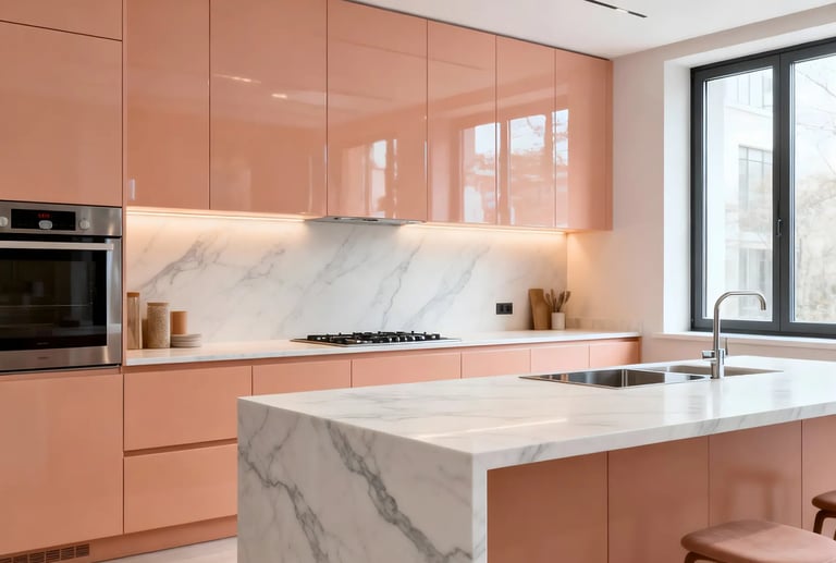 You can also bring in peach by using this colour on your backsplash or tall unit