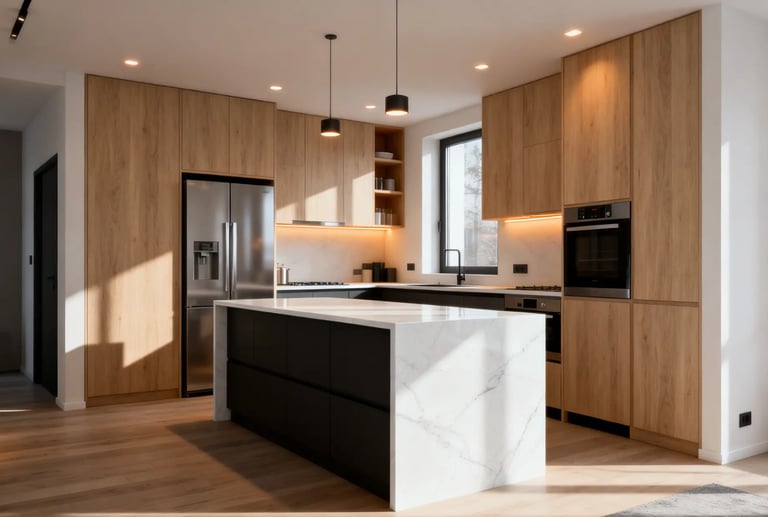 Modern minimalist kitchen with light wood cabinets, black island, and white marble countertops.