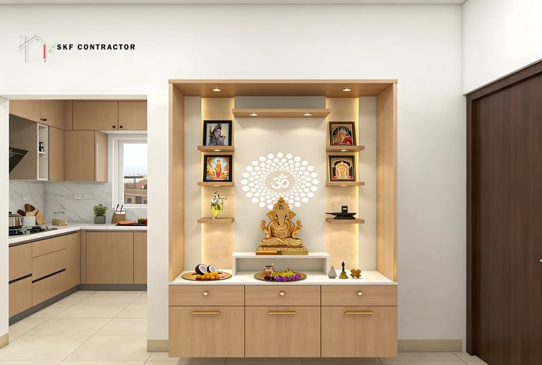 A veneer finish puja unit with storage drawers and cabinets