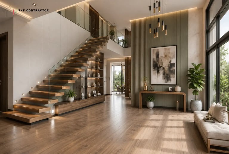 Modern luxury home interior featuring a floating wooden staircase with glass railings and wood flooring.