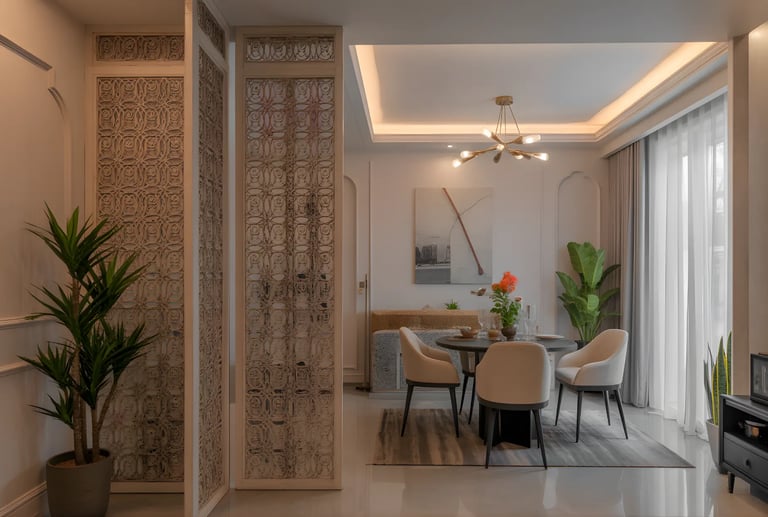 Gold-toned jaali dividing the entryway and living room