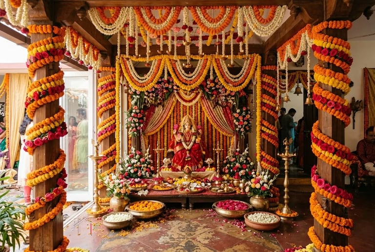 Hindu goddess Lakshmi statue adorned with marigold flowers for a traditional Indian festival.