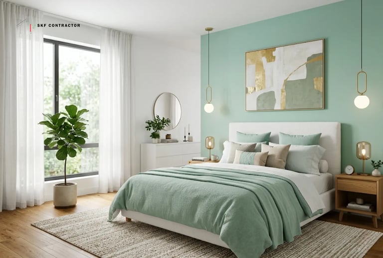 Modern master bedroom with sage green accent wall, white bedding, and gold lighting fixtures.
