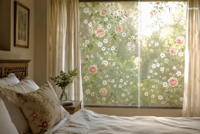 Elegant bedroom with floral decorative window film featuring pink roses and white blossoms.