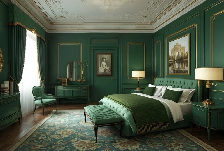 Best colour combination for bedroom featuring emerald tones and golden decor