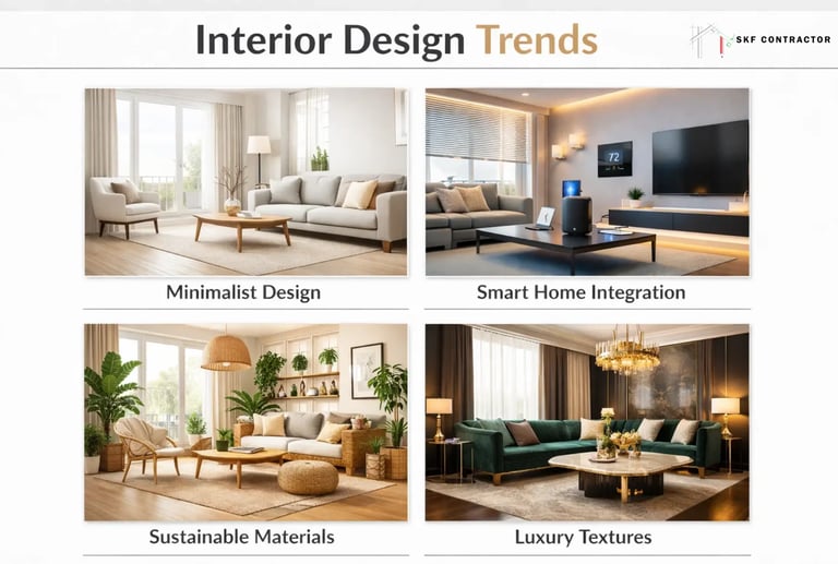 Four interior design trends featuring minimalist style, smart home technology, sustainable materials, and luxury textures.