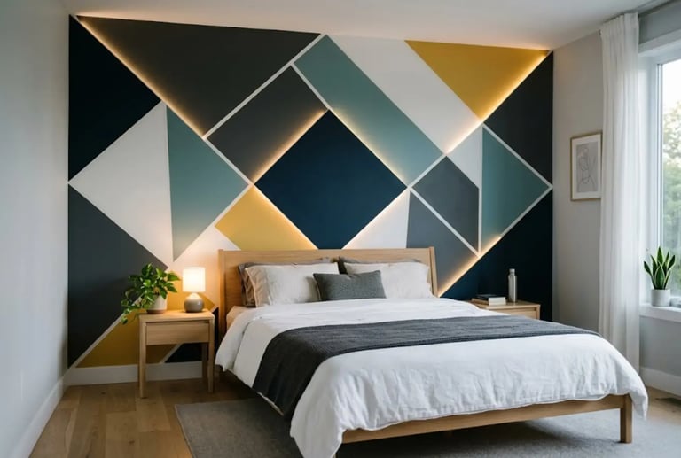 Modern bedroom with a geometric accent wall featuring integrated LED backlighting behind blue and gold panels.