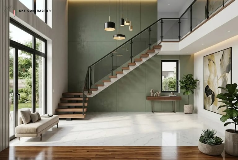 Modern luxury living room featuring a floating wood staircase with glass railings and a sage green accent wall.